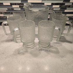 Indiana Glass Crystal Ice Pitcher & 6 Matching Mugs. 
