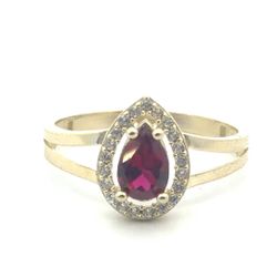 Woman’s Ladies 10k Yellow Gold CZ Cubic Zirconia Red Pear Shaped Solitare with Halo Ring Size 8 GP3130319