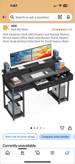 NEW ODK 48” Computer Desk w/ 3 Drawers, Shelves & Monitor Stand
