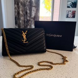 YSL Saint Laurent Black Quilted Chevron Leather Wallet on Chain – Gold Hardware, Excellent Condition