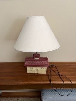 Vintage Cabin House Lamp Beige with Red Roof & Chimney Wood Look Cottage Decor
