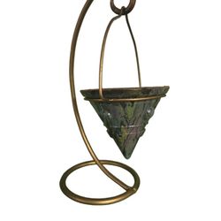 hanpainted suspended glass candle holder or planter with metal stand copper teal