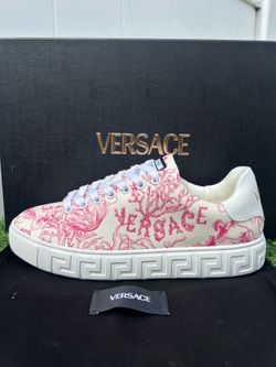 VERSACE UNDERWATER BAROCCO SNEAKERS OFF-WHITE PINK PRINT LOGO GRECA SOLE TRIM SZ 38 NEW!