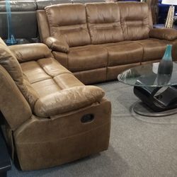 Brand New Brown Leather Manual Reclinng Sofa + Loveseat 2PCs Set