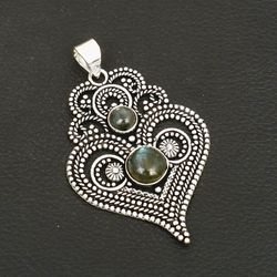 Natural Labradorite Heart Gemstone 2.5” Silver Pendant
