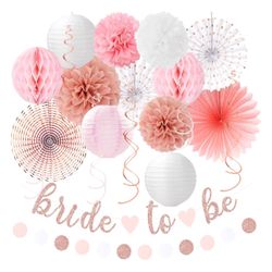 Light-Pink Rose-Gold Bachelorette Party-Decorations - 21pcs Baby Bridal Shower Banner Garland, Bride To Be Paper Streamers Lanterns,flower Tissue Pom 