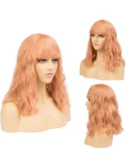 (Honey blond) 14 Inch Wavy Style Fashion Synthetic Bob Wigs with Bangs for Women, Breathable Skin