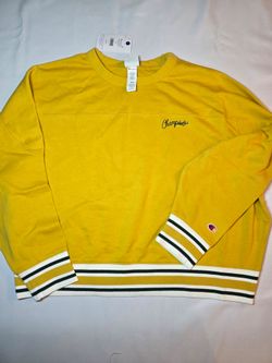 Champion Cropped Crewneck Sweatshirt Embroidered Script Logo Striped Hem Mustard Yellow