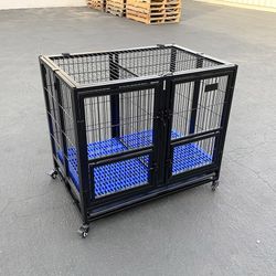 (NEW) $130 Heavy-Duty Dog Cage Crate 37x25x33” Double-Door Folding Kennel w/ Divider, Tray, Wheels 