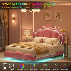 C281-165 Queen Princess Floating Storage Bed with Crown-Shaped Bookcase Headboard