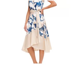 Women's Sleeveless V-Neck Floral Print Tie Waist Ruffle Trim Fit and Flare Dress size 10