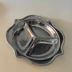 Vintage mid century silver gray scalloped edges three section dish
