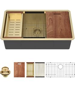 New Lordear Gold Undermount Kitchen Sink 33" x 19" Stainless Steel Sinks 16 Gauge Single Bowl Ledge Workstation