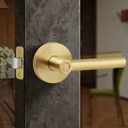 Moquin Privacy Gold Door Handle With Lock, Heavy Duty Keyless Interior Gold Door Handles For Bathroom Or Closet, Satin Brass