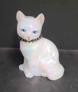 Vintage Fenton Glass Opalescent Sapphire Birthstone Cat Figurine,  Signed