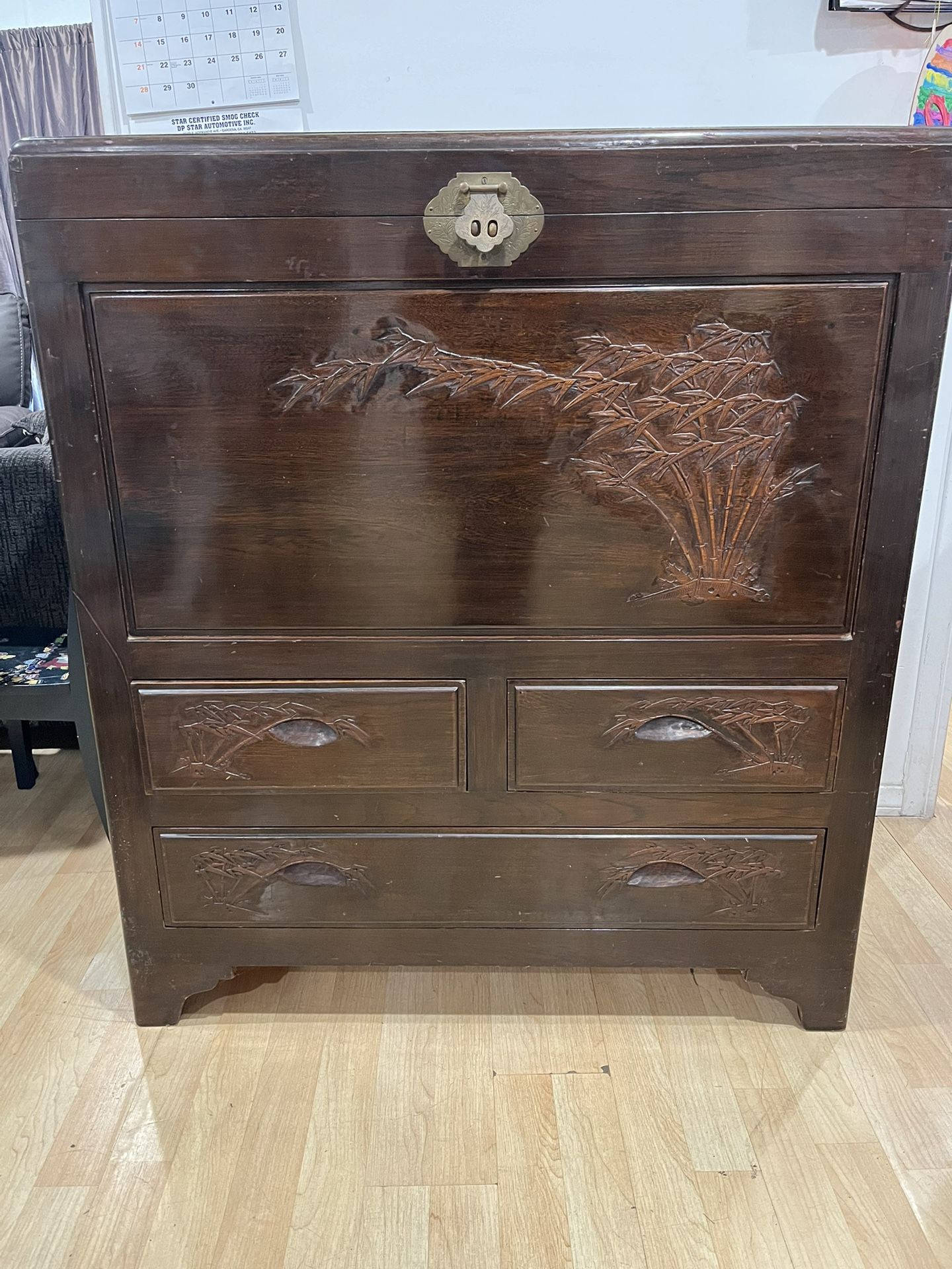 Carved Wooden Storage Chest With 3 Drawers