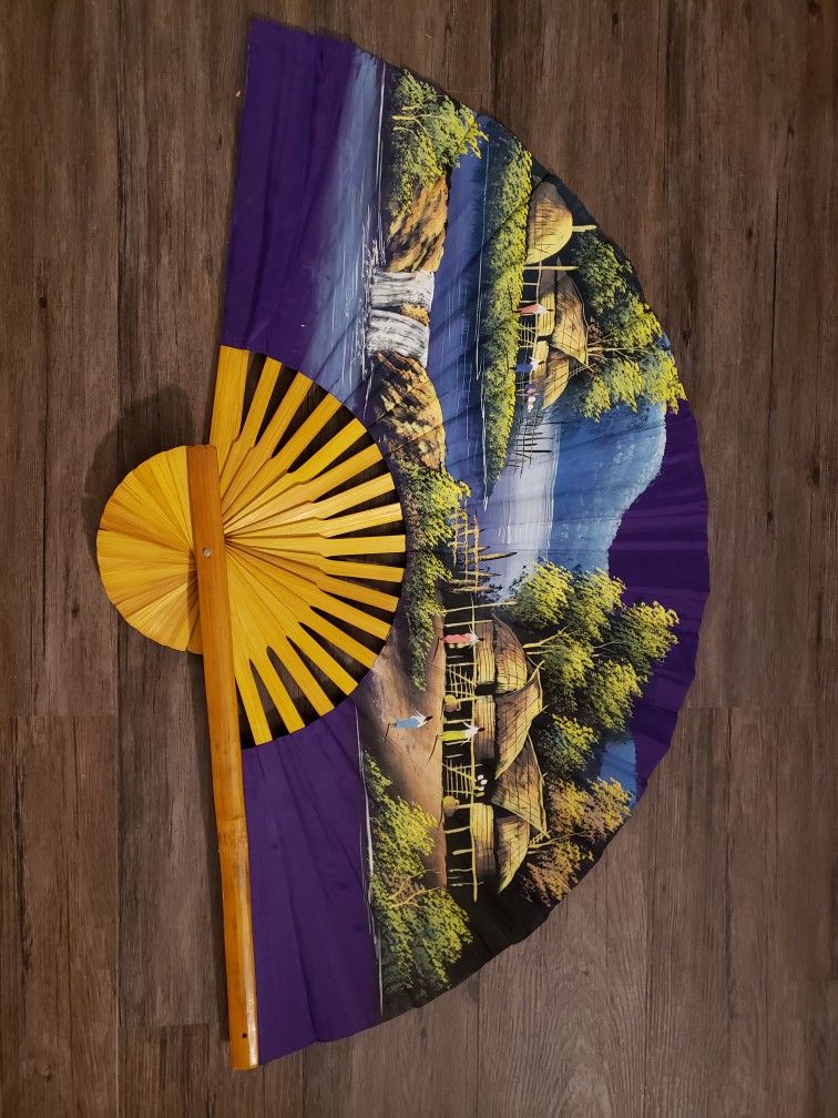 Vintage Large Oriental Hand Painted Folding Fan for Hanging on the Wall, Bamboo Structure, Height 24 inches, Width 40 inches, $30 Or Best Offer