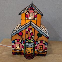 Vintage Tiffany Style Stained Glass Light Up Christmas Gingerbread House Rare