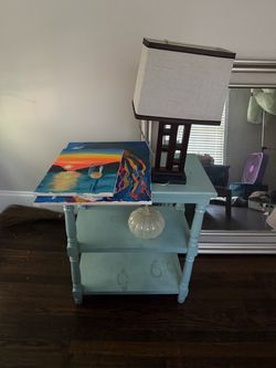 Wooden Shelf + Lamp + Canvas paintings