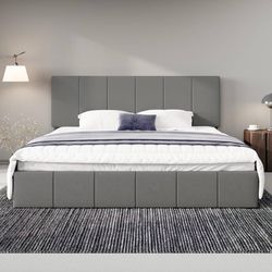 King Size Dutch Velvet Upholstered Platform Bed Frame/Vertical Channel Tufted Ad