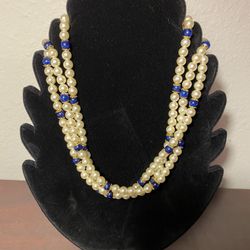 3 Strand Beaded Pearl And Blue Necklace Vintage