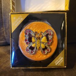 Vintage Enamel Butterfly Compact Mirror With Rhinestones Genuine Crystals