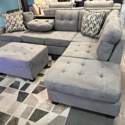 Huge Sale!! Cozy Sectional With Drop Down Console With Cupholders  – now with a FREE Storage Ottoman!