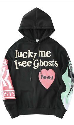 Lucky Me I see Ghosts Kanye West Style Brown Baggy Hoodie Flame Pullover Size XXL