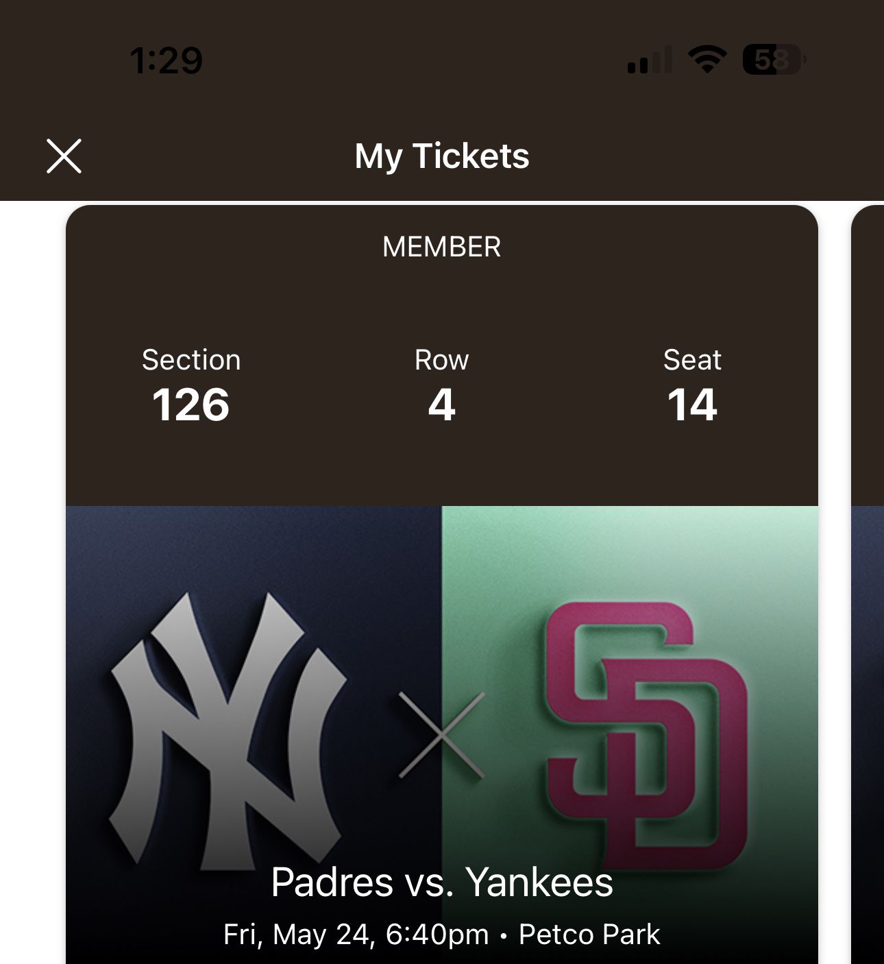 Friday Padres Vs Yankees game. Section 126, Row 4 Two Seats 