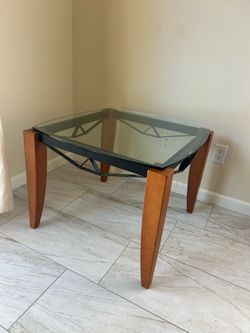 Square Glass Top End Table with Wood Legs