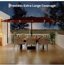 T) 15FT Outdoor Patio Umbrella,Double-Sided Rectangle Market Umbrella with 36 LED Solar Lights & Base,UV50+ Weather-Resistant Oversized Outdoor Umbrel