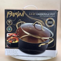 NIB Parini 4.5Qt 18K Infused Gold Coated Casserole Pot w/ Tempered Glass Lid
