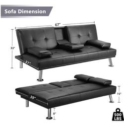 Modern Leather Futon Sofa Bed,Convertible Folding Couch Recliner Sleeper Loveseat for Small Space,Apartment,Office,Dorm,with Cup Holders and Removable