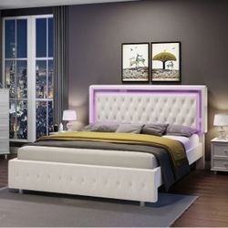 Full Size Bed Base with Headboard with LED Lights, Acrylic Mirror Details , Cream Velvet $120