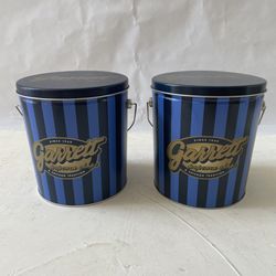2 Garrett Empty Popcorn Tin Can Blue Stripe 7" Height & 6.5" diameter Souvenir