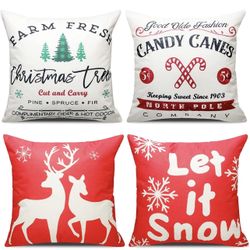Christmas Throw Pillow Covers Set of 4, 18 X18 Inch DIY Xmas Pillow Case Decorations Single Sided Snowflakes Reindeer Printing with Zipper for Outdoor