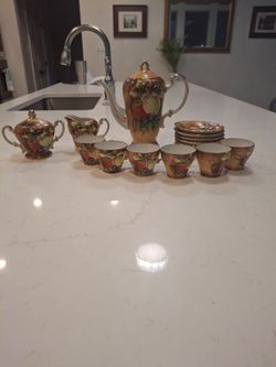 Vintage Porcelain Tea Set with Fruit Pattern