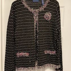 Karen Scott  Cardigan Jacket Sweater Fringe Snap Closure Sz Large like new smoke free 