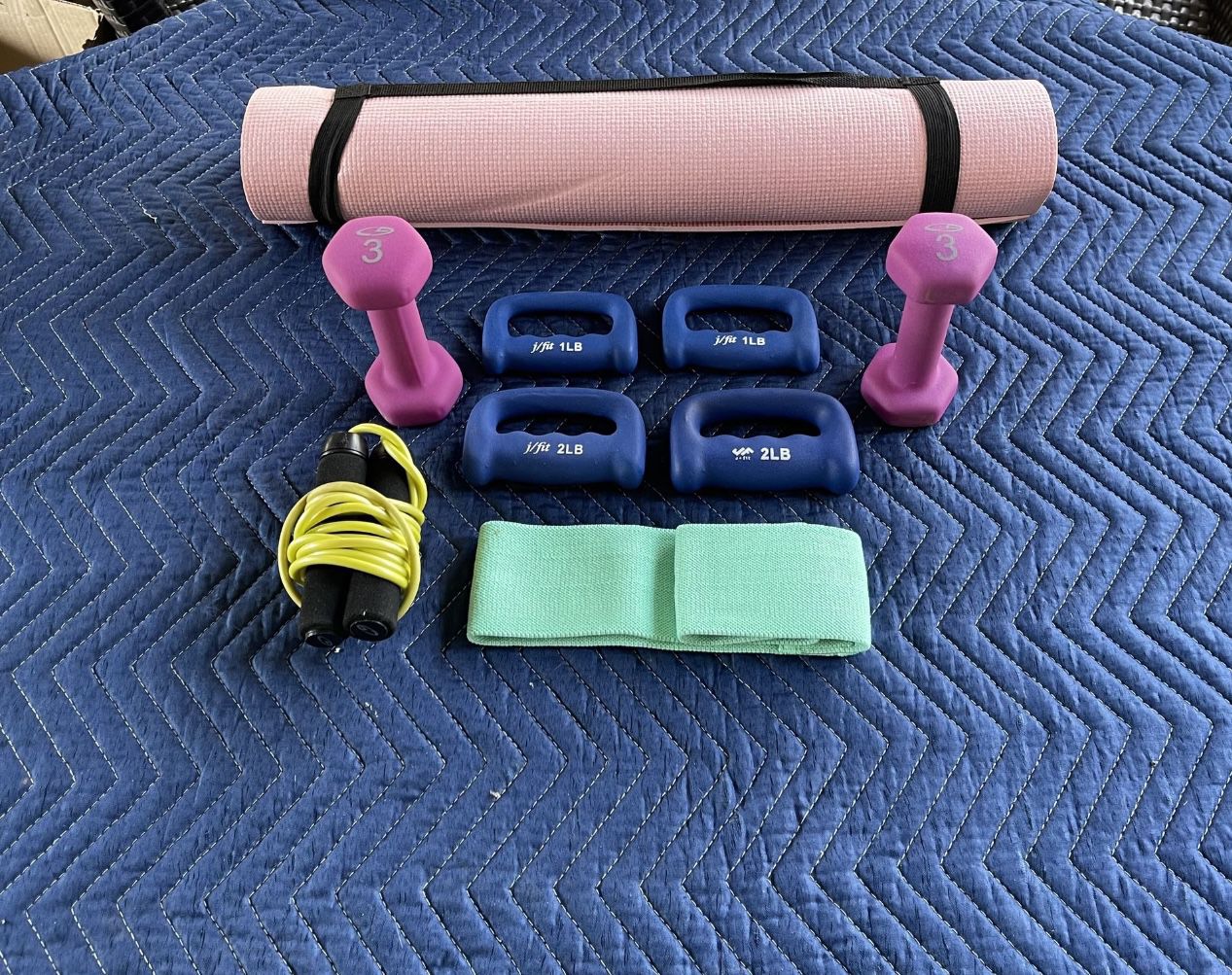 Yoga Mat 1 / 2 & 3 Pound Dumbbell Sets, Booty Band And Jump Rope All Like New
