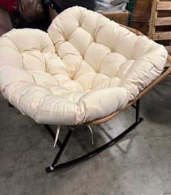 New Outdoor Lounge Rocker Papasan Rocking Chair w/ Thick Cushion Cream Oversized Wicker with Cushion