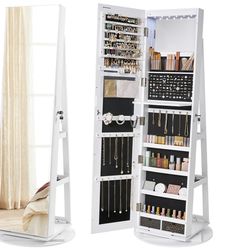 SONGMICS 6 LEDs Lockable Mirror Jewelry Cabinet, 360° Swivel Jewelry Organizer Armoire Standing, Frameless Full-Length Mirror, 3 Storage Shelves, Whit