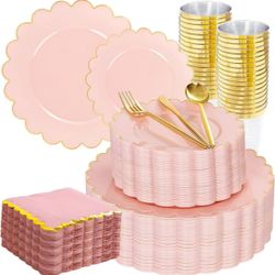 150Pcs Pink and Gold Scalloped Plastic Plates - Disposable Dinnerware Set, Include Gold Plastic Silverware, Pink Plates and Napkins Party Supplies for