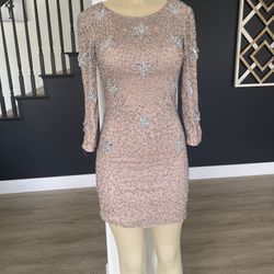 French Connection Women’s size 0 Nude  Embellished Sequin long Sleeve Mini Dress
