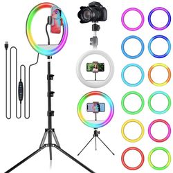 12" Selfie Ring Light, RGB Ring Lights with 63" Extendable Tripod Stand & Cell Phone Holder for Live Stream, LED Selfie Light 10 Brightness, Wireless 