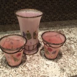 3 Plastic Vases Pink Antique Gold Trim  Table Shelf