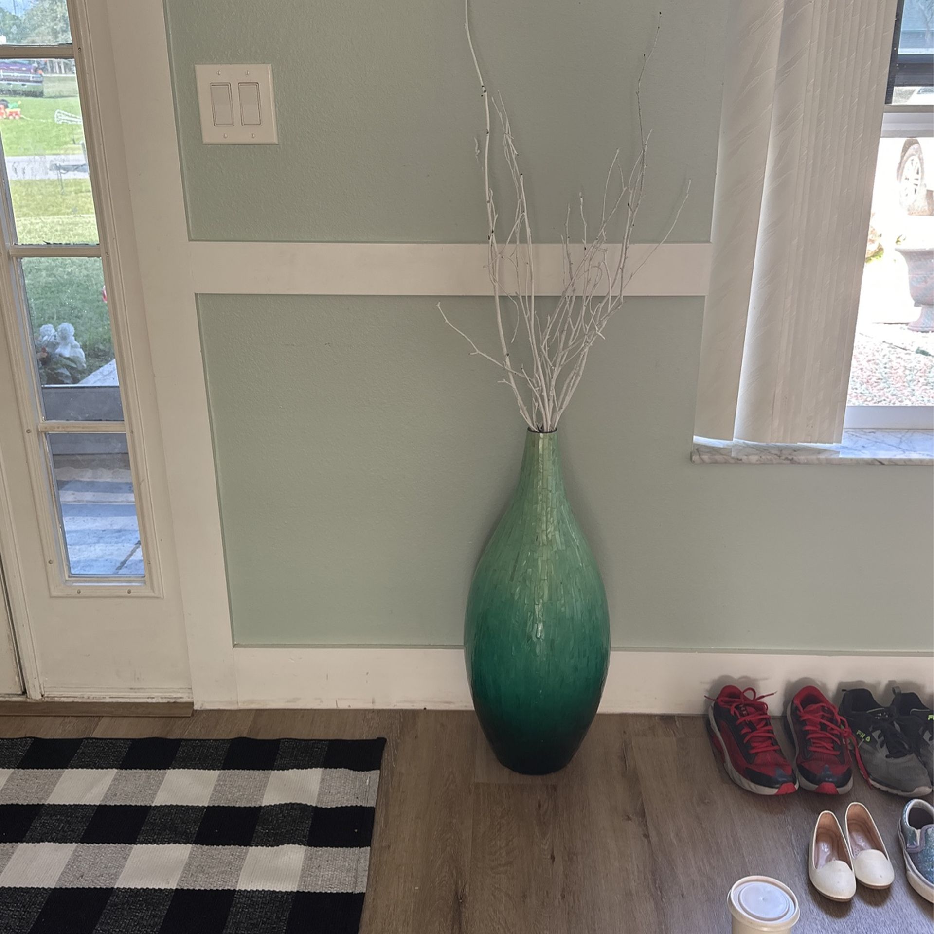 Floor Teal Pear Vase With White Wood Burch Beanch