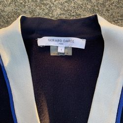 GERARD DAREL CUSTOM BAVY BLUE CARDIGAN SWEATER WITH RIBBOB & GOLD DAREL BUTTONS 