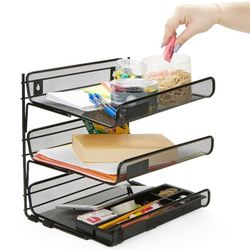 Metal Mesh 3 Tier Wall Mount Paper Tray, Document Paper File Organizer, Black