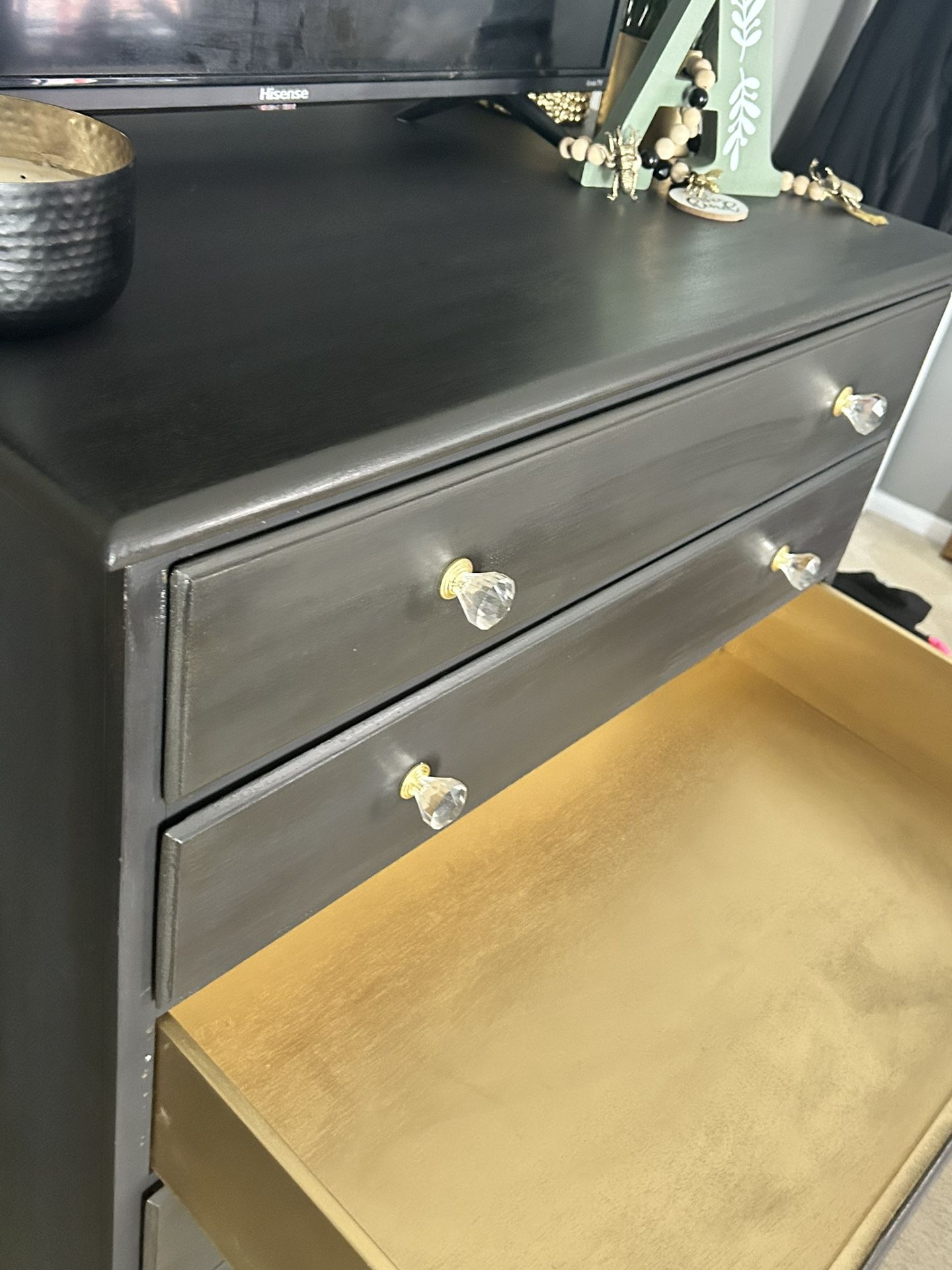Solid Wood Dresser- Gold And Black