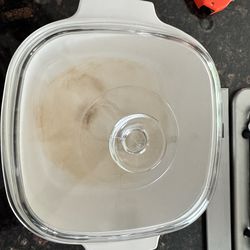 Corning Ware, stainless steel pan, clear glass large plate